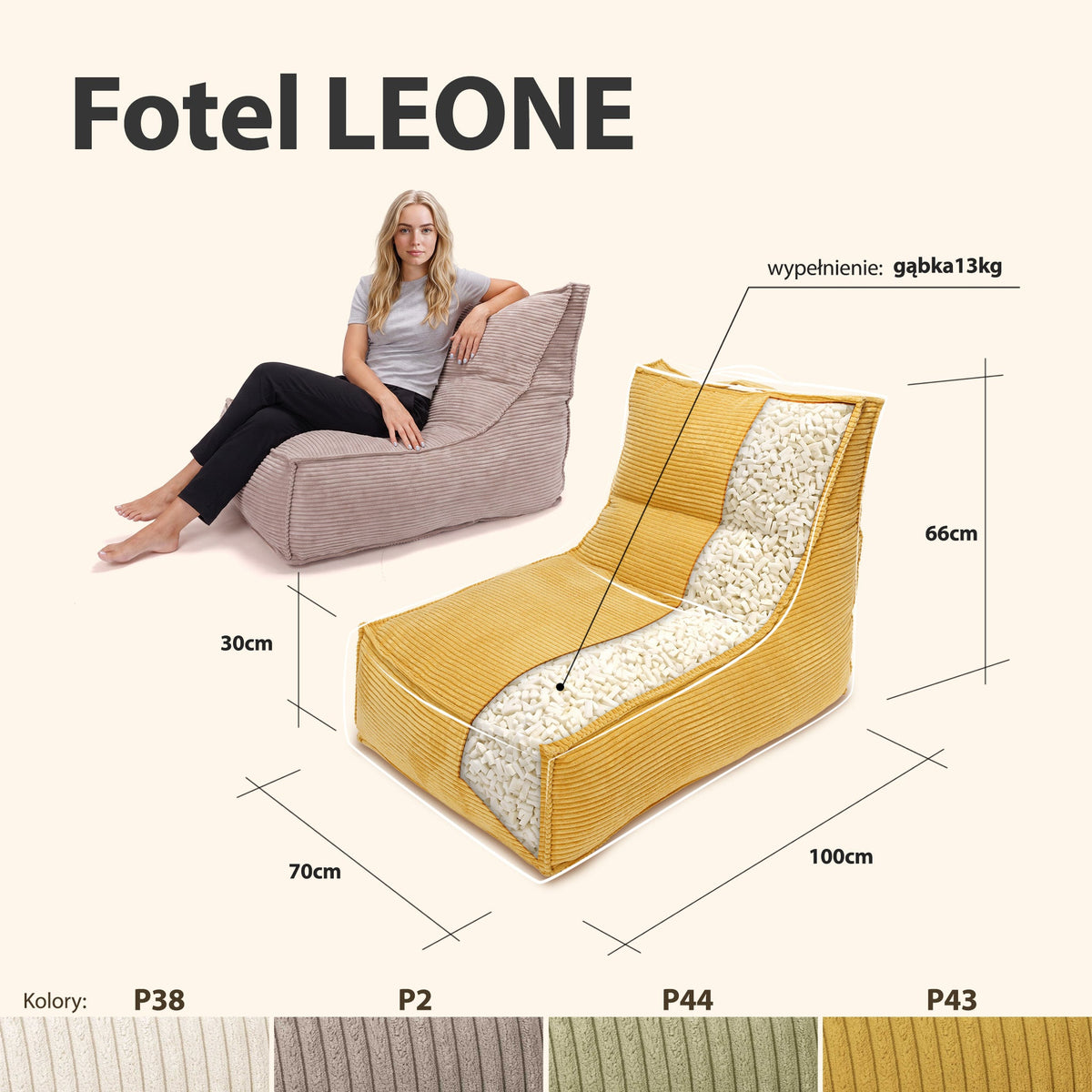 Fotel Leone MOOD – wymiary, wypełnienie z gąbki 13 kg i dostępne kolory sztruksu P38, P2, P44, P43